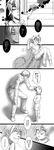  1girl child comic eyepatch greyscale height_difference hellsing highres holding monochrome older petting pip_bernardotte seras_victoria smile solid&amp;etc tears translated younger 