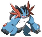  absurdres black_eyes chizi clenched_hands creatures_(company) full_body furry game_freak gen_3_pokemon highres mega_pokemon mega_swampert nintendo no_humans open_mouth orange_sclera outstretched_arms pokemon pokemon_(creature) shiny shiny_skin simple_background solo swampert white_background 