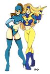  2girls blonde_hair blue_beetle booster_gold brown_hair dc_comics earth_11 female full_body genderswap goggles high_heels midriff multiple_girls standing superhero ted_kord transparent_background 