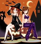  bat blush brown_eyes brown_hair crescent_moon detached_sleeves dress hat highres hkn_(ringya) horns misaka_mikoto moon multiple_girls one_eye_closed open_mouth pumpkin shirai_kuroko sitting smile thighhighs to_aru_kagaku_no_railgun to_aru_majutsu_no_index twintails white_legwear witch_hat 