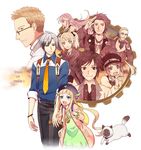  5boys alvin_(tales) beret black_hat blazer blonde_hair brown_hair cat copyright_name elize_lutus elle_mel_martha formal glasses hat height_difference jacket jude_mathis julius_will_kresnik leia_rolando long_hair ludger_will_kresnik lulu_(tales) md5_mismatch milla_maxwell multiple_boys multiple_girls necktie pants rowen_j._ilbert sen_nai sepia suit tales_of_(series) tales_of_xillia tales_of_xillia_2 teepo_(tales) twintails white_hair 