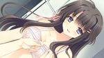  black_hair blue_eyes blush bra breasts bust_measuring game_cg hair_ornament hair_ribbon hananomiya_mizuho large_breasts long_hair measuring nishimata_aoi non-web_source ribbon smile tape_measure tsuki_ni_yorisou_otome_no_sahou underwear 