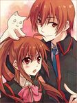  1girl animal animal_on_head bad_id bad_pixiv_id bow brother_and_sister brown_hair cat cat_on_head lennon little_busters! long_hair naho_(pi988y) natsume_kyousuke natsume_rin on_head pink_bow red_eyes school_uniform short_hair siblings 