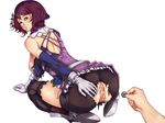  1girl alisa_boskonovich anus ass ass_grab breasts censored coin flower gloves green_eyes hair_ornament hand_on_ass hands kneeling large_breasts looking_back no_panties purple_hair pussy rose shoes short_hair simple_background socks tekken torn_clothes 