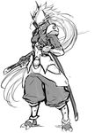  armor blazblue greyscale hakumen long_hair male_focus mask minatsuki_randoseru monochrome solo sword weapon 
