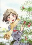  berries blush breath brown_eyes brown_hair kuko_(anadarakeno_husuma) looking_at_viewer open_mouth original plant scarf school_uniform smile snow solo traditional_media watercolor_(medium) 