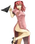  1girl black_panties china_dress chinese_clothes dress eiji_(eiji) high_heels holding holding_panties no_panties original panties panties_around_one_finger panties_removed red_hair shoes side_slit solo spinning twirling_panties underwear 