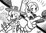  2boys 2girls apron artist_name bloody_marie_(skullgirls) bowtie butler cigar eyes flat_gaze frown gem_(antiskullheart08) genderswap gias-ex-machella gloves grin hair_ornament hat looking_back mechanical_arms monochrome mouth_hold multiple_boys peacock_(skullgirls) pointing short_hair simple_background skull skull_hair_ornament skullgirls smile smoke smoking suit teeth top_hat wink 