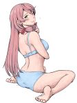  1girl akashi_(kantai_collection) arms_under_breasts ass bangs barefoot blue_bra blue_panties blush bra breasts error feet from_behind full_body green_eyes grin hair_tie highres kantai_collection kneeling large_breasts long_hair looking_at_viewer looking_back panties pink_hair simple_background sitting smile solo underwear underwear_only vent_arbre wariza white_background 