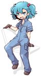  alternate_costume blue_eyes blue_hair blush chair full_body gloves hair_bobbles hair_ornament jewelry kawashiro_nitori key kty_(04) looking_at_viewer no_hat no_headwear open_mouth pendant short_hair simple_background sitting sleeves_rolled_up solo touhou two_side_up 