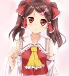  :3 alternate_hairstyle ascot bangs bare_shoulders bow brown_hair detached_sleeves gradient gradient_background hair_bow hair_ribbon hair_tubes hakurei_reimu head_tilt heart heart-shaped_pupils highres long_hair looking_at_viewer maruki_(punchiki) midriff parted_bangs red_eyes ribbon simple_background smile solo symbol-shaped_pupils touhou twintails 
