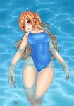  absurdres afloat bad_id bad_pixiv_id breasts brown_eyes brown_hair chuunibyou_demo_koi_ga_shitai! curvy hair_ornament hairclip highres large_breasts long_hair looking_at_viewer nail_polish nibutani_shinka one-piece_swimsuit partially_submerged pool refraction school_swimsuit smile solo swimsuit water yin-ting_tian 