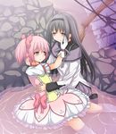  akemi_homura black_hair bow bubble_skirt creek_(moon-sky) dress gloves hairband hand_on_another's_face holding kaname_madoka kneeling long_hair magical_girl mahou_shoujo_madoka_magica multiple_girls pantyhose partially_submerged pink_eyes pink_hair pleated_skirt purple_eyes rubble short_twintails skirt twintails water wet 