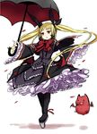  black_umbrella blazblue blonde_hair bow gii heel-less_platform_footwear lolita_fashion long_hair minatsuki_randoseru nago platform_footwear rachel_alucard red_bow red_eyes shoes solo twintails umbrella very_long_hair 