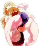  ass backbreaker bad_id bad_pixiv_id blonde_hair breasts brown_eyes brown_hair buruma carrying isaki_(shimesaba) large_breasts long_hair multiple_girls open_mouth original short_hair sweat tears wrestling yellow_eyes 