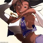  arabian_clothes black_hair breasts bridal_gauntlets cleavage crop_top dark_skin earrings elbow_gloves falcoon gloves jewelry large_breasts lips long_hair midriff necklace ponytail pullum_purna solo street_fighter street_fighter_ex_(series) vest watermark web_address white_gloves 