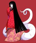  black_hair fan hime_cut japanese_clothes kimohiko lamia long_hair monster_girl original pale_skin pink_eyes solo tail tsurime 