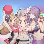  3girls bikini blonde_hair blush breasts camilla_(fire_emblem_if) cleavage drill_hair elise_(fire_emblem_if) female_my_unit_(fire_emblem_if) fire_emblem fire_emblem_heroes fire_emblem_if flower hair_over_one_eye large_breasts lips long_hair looking_at_viewer mamkute multiple_girls my_unit_(fire_emblem_if) navel nintendo open_mouth purple_eyes purple_hair red_eyes siblings simple_background sisters smile swimsuit tiara twin_drills twintails wavy_hair white_background white_hair zuizi 