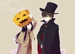  1girl black_hair brown_hair chitanda_eru cloak coat green_eyes halloween hat hyouka jack-o'-lantern kimi_ni_matsuwaru_mystery long_hair oreki_houtarou pumpkin purple_eyes saika_(xxx_jk) sepia_background short_hair top_hat trick_or_treat 