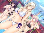  3girls bare_shoulders bertille_althusser bikini black_hair blonde_hair blue_eyes blush breasts celia_kumani_entory character_request cleavage cloud clouds collarbone drill_hair dutch_angle female frilled_bikini frilled_swimsuit frills front-tie_top game_cg hair_ornament hand_on_hip highres komori_kei large_breasts legs long_hair looking_at_viewer multiple_girls navel parted_lips pink_hair polka_dot polka_dot_bikini polka_dot_swimsuit ryuzoji_akane side-tie_bikini sky smile standing sunlight swimsuit thighhighs thighs walkure_romanze 