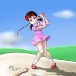  1boy 1girl brown_eyes brown_hair doraemon glasses golf_club grass minamoto_shizuka nobi_nobita shadow shoes skirt sky taka206 twintails 