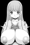  1girl areolae breasts female huge_breasts inverted_nipples kantori long_hair monochrome nipples smile 