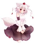  animal_ears bare_shoulders blush breasts detached_sleeves hat highres inubashiri_momiji medium_breasts nicoby red_eyes short_hair simple_background skirt solo tail tokin_hat touhou white_hair wide_sleeves wolf_ears wolf_tail 