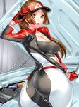  absurdres ass bad_id bad_pixiv_id bodysuit breasts brown_eyes brown_hair chousoku_henkei_gyrozetter cleavage dodai_shouji gloves highres large_breasts long_hair mukai_akira open_mouth ponytail visor_cap 