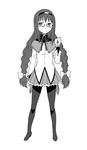  akemi_homura braid glasses greyscale magical_girl mahou_shoujo_madoka_magica minazuki_tsuyuha monochrome pantyhose semi-rimless_eyewear simple_background solo twin_braids under-rim_eyewear white_background 