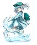  backpack bag blue_eyes blue_hair hair_bobbles hair_ornament hat kawashiro_nitori key one_eye_closed open_mouth oumi_hi short_hair smile solo touhou two_side_up water 