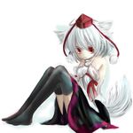  animal_ears bare_shoulders black_legwear detached_sleeves hat inubashiri_momiji oumi_hi red_eyes short_hair sitting skirt smile solo tail thighhighs tokin_hat touhou white_hair wide_sleeves wolf_ears wolf_tail 