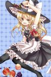  apple black_legwear blackberry_(fruit) blonde_hair bow braid fang food fruit grapes hair_bow hat kirisame_marisa long_hair open_mouth oumi_hi peach ribbon single_braid smile solo strawberry thighhighs touhou witch_hat yellow_eyes 