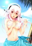  :d aqua_sarong bikini blush breasts covered_nipples headphones large_breasts long_hair looking_at_viewer navel nitroplus open_mouth palm_tree pink_hair print_sarong red_eyes sarong shiny shiny_skin skindentation smile solo super_sonico swimsuit tan tanline tree undersized_clothes white_bikini yuuki_makoto_(radiant) 