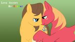  alexgoneloco big_macintosh_(mlp) blonde_hair blue_eyes caramel_(mlp) cuddling cutie_mark draft_horse duo english_text equine eye_contact feral freckles friendship_is_magic fur gay gradient_background green_background green_eyes hair horse male mammal my_little_pony nuzzle orange_fur plain_background pony red_fur smile text 