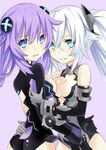  :d aqua_eyes arm_around_waist arm_grab armlet ass back back_cutout bad_id bad_pixiv_id bangs bare_shoulders black_heart blue_eyes blush braid breasts cleavage cleavage_cutout elbow_gloves from_side gloves hair_between_eyes hair_ornament halterneck hug kami_jigen_game_neptune_v leotard light_smile long_hair looking_at_viewer looking_back magical_girl medium_breasts mikan_no_shiru multiple_girls neptune_(series) open_mouth parted_lips power_symbol purple_background purple_hair purple_heart sideboob sidelocks simple_background slender_waist smile symbol-shaped_pupils turtleneck twin_braids twintails vambraces very_long_hair white_hair yuri 