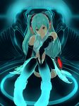  aqua_eyes aqua_hair bridal_gauntlets elbow_gloves fingerless_gloves gloves glowing hatsune_miku hatsune_miku_(append) highres long_hair looking_at_viewer necktie shu_(shya) solo twintails very_long_hair vocaloid vocaloid_append 