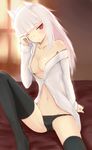  animal_ears blush breasts heidimarie_w_schnaufer long_hair long_sleeves medium_breasts navel off_shoulder one_eye_closed panties rasielcochma red_eyes sleepy solo strike_witches thighhighs underwear white_hair world_witches_series 