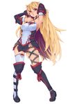  afurichin armpits arms_up blonde_hair boots breasts full_body gloves highres knee_boots large_breasts long_hair milla_maxwell mismatched_legwear red_eyes sideboob smile solo tales_of_(series) tales_of_xillia tales_of_xillia_2 white_background 