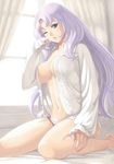  1girl annelotte bed blue_eyes breasts eiwa female large_breasts long_hair looking_at_viewer morning open_clothes open_shirt panties pink_panties queen&#039;s_blade queen&#039;s_blade_rebellion queen's_blade queen's_blade_rebellion shirt sitting sleepy underwear window 