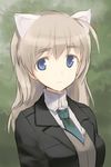  ahoge animal_ears blue_eyes cat_ears commentary_request green_background jacket light_brown_hair looking_at_viewer lowres lynette_bishop necktie older shimada_fumikane solo strike_witches upper_body vest world_witches_series 