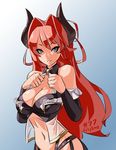  blue_eyes borrowed_character breasts cleavage dated detached_sleeves hair_intakes halter_top halterneck horns image_sample junkpuyo large_breasts long_hair midriff navel original red_hair see-through solo tsunoko tumblr_sample 