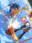 :d blue_eyes blue_hair clenched_teeth cloud day gym_shorts gym_uniform hairband high_jump holding lens_flare multiple_girls necktie open_mouth original pairan pink_eyes pink_hair pointy_ears red_eyes shorts sky smile sports_festival sunlight teeth track_and_field 