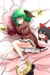  animal_ears bed black_hair blonde_hair bow closed_eyes dress green_hair hair_bow hair_ornament hair_tubes hakurei_reimu hat highres kasodani_kyouko kirisame_marisa long_sleeves lying on_bed open_mouth oumi_hi pillow ribbon short_hair sleeping smile touhou witch_hat yellow_eyes yukkuri_shiteitte_ne 