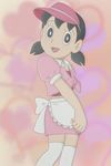  1girl apron black_eyes black_hair doraemon doragaku heart heart_background looking_at_viewer minamoto_shizuka smile solo thighhighs twintails visor waitress zettai_ryouiki 