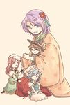  chibi flower giantess hair_flower hair_ornament hand_on_another's_head hieda_no_akyuu hong_meiling izayoi_sakuya japanese_clothes kimono kirisame_marisa minigirl multiple_girls no_hat no_headwear ponke short_hair touhou 