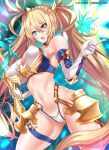  1girl absurdres bangs bare_shoulders bikini blonde_hair blue_bikini blue_eyes blush bradamante_(fate/grand_order) braid breasts cleavage detached_collar elbow_gloves fate/grand_order fate_(series) faulds french_braid gloves hair_between_eyes hair_ornament highleg highleg_bikini highres hips index_finger_raised large_breasts long_hair looking_at_viewer navel nez-kun open_mouth solo swimsuit thigh_strap thighs twintails two-tone_bikini very_long_hair weapon white_bikini 