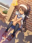  bandaid black_legwear blush braid brown_hair flag gym_shorts gym_uniform hair_over_one_eye hairband kneehighs long_hair numbered_flag original pairan pink_eyes pov shadow shoes shorts single_braid sitting smile sneakers sports_festival track_suit zipper 