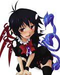  :d akuto asymmetrical_wings black_dress black_hair blue_wings blush dress highres houjuu_nue kneeling looking_at_viewer naughty_face open_mouth red_eyes red_wings sexually_suggestive simple_background skirt smile solo touhou white_background wings 