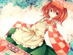  apron bow checkered clothes_writing motoori_kosuzu red_eyes red_hair short_hair skirt smile solo tama_(soon32281) touhou two_side_up 