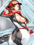  ass bad_id bad_pixiv_id bodysuit breasts brown_eyes brown_hair chousoku_henkei_gyrozetter cleavage curvy dodai_shouji gloves highres large_breasts long_hair mukai_akira nipples open_mouth ponytail visor_cap 